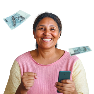 Mulher, sorrindo, comemorando um sorteio de frente para a câmera