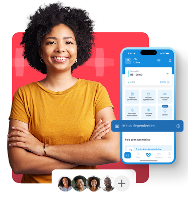 Uma mãe, sorrindo, ao lado de uma representação de como adicionar seus dependentes pelo aplicativo Vale Saúde